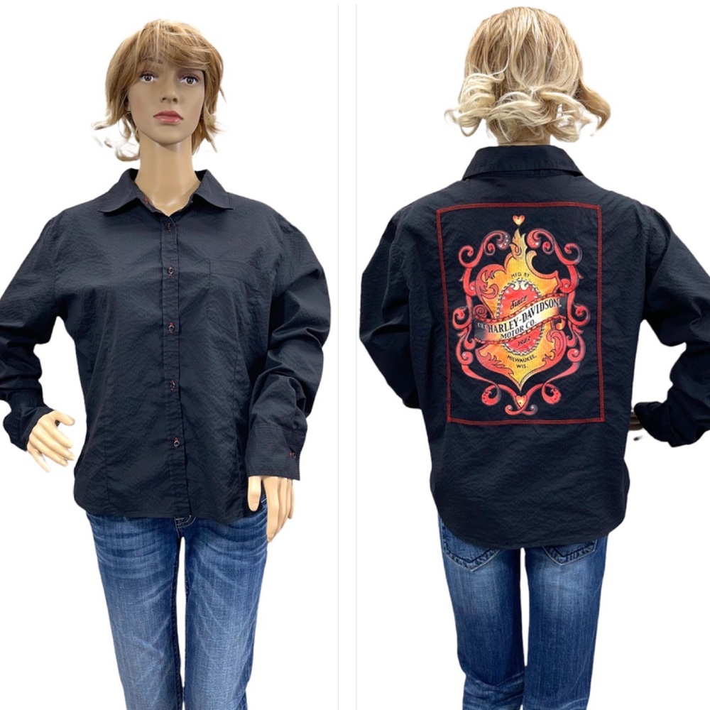 HARLEY-DAVIDSON Black Ladies Fitted Long Sleeve Button Down Shirt Size XL